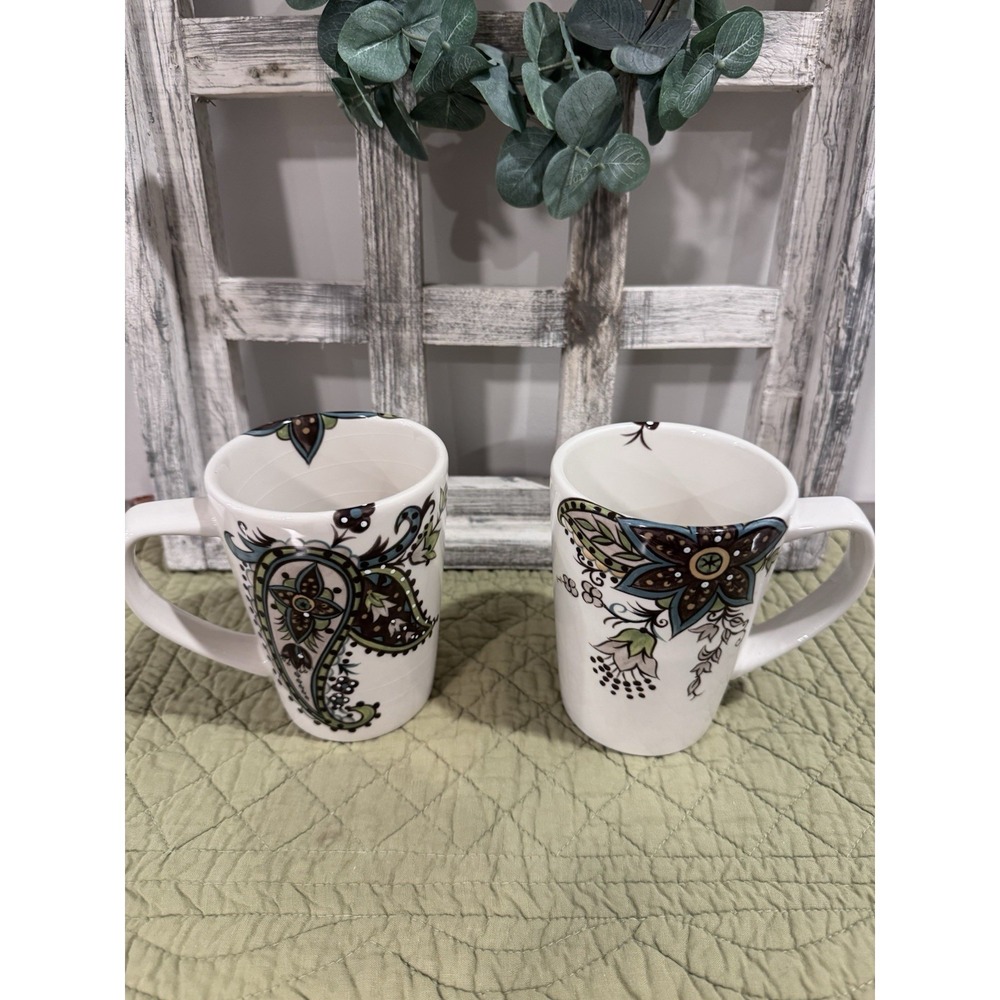2 Tabletops Gallery Angela Paisley Coffee Cup Mugs Large Beautiful Set